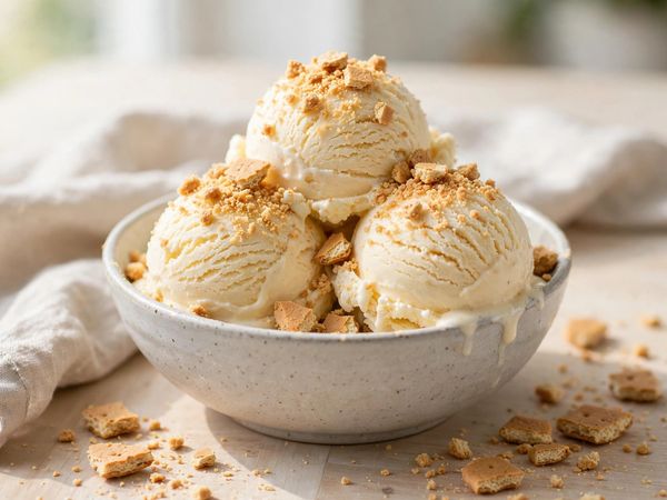 A bowl of banana cream pie ice cream with crushed graham crackers, on a light kitchen table