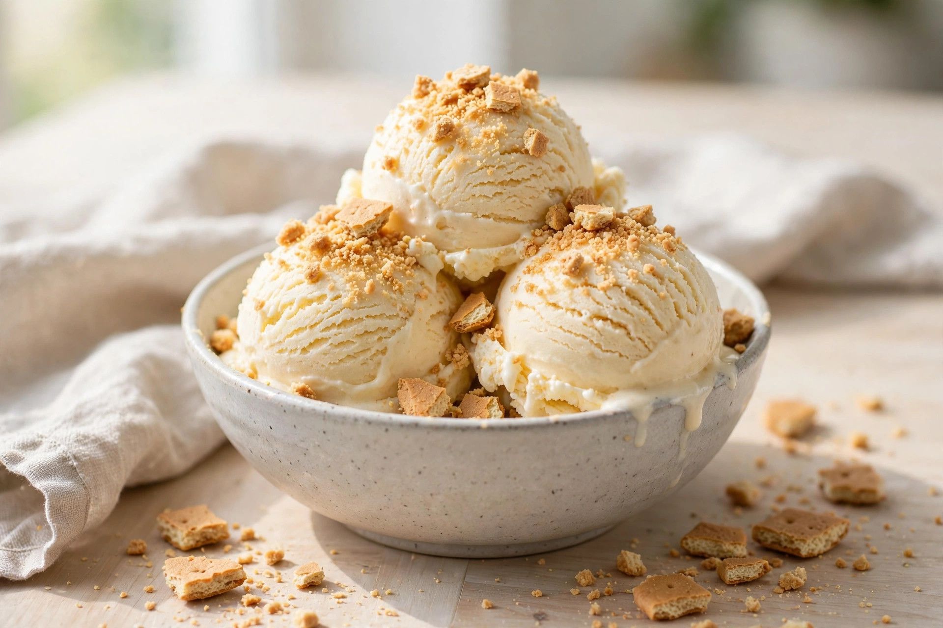 A bowl of banana cream pie ice cream with crushed graham crackers, on a light kitchen table