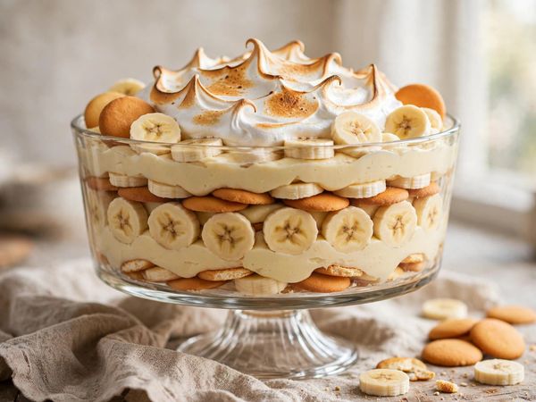 A trifle dish of banana pudding layered with bananas and vanilla wafers, crowned with golden toasted meringue