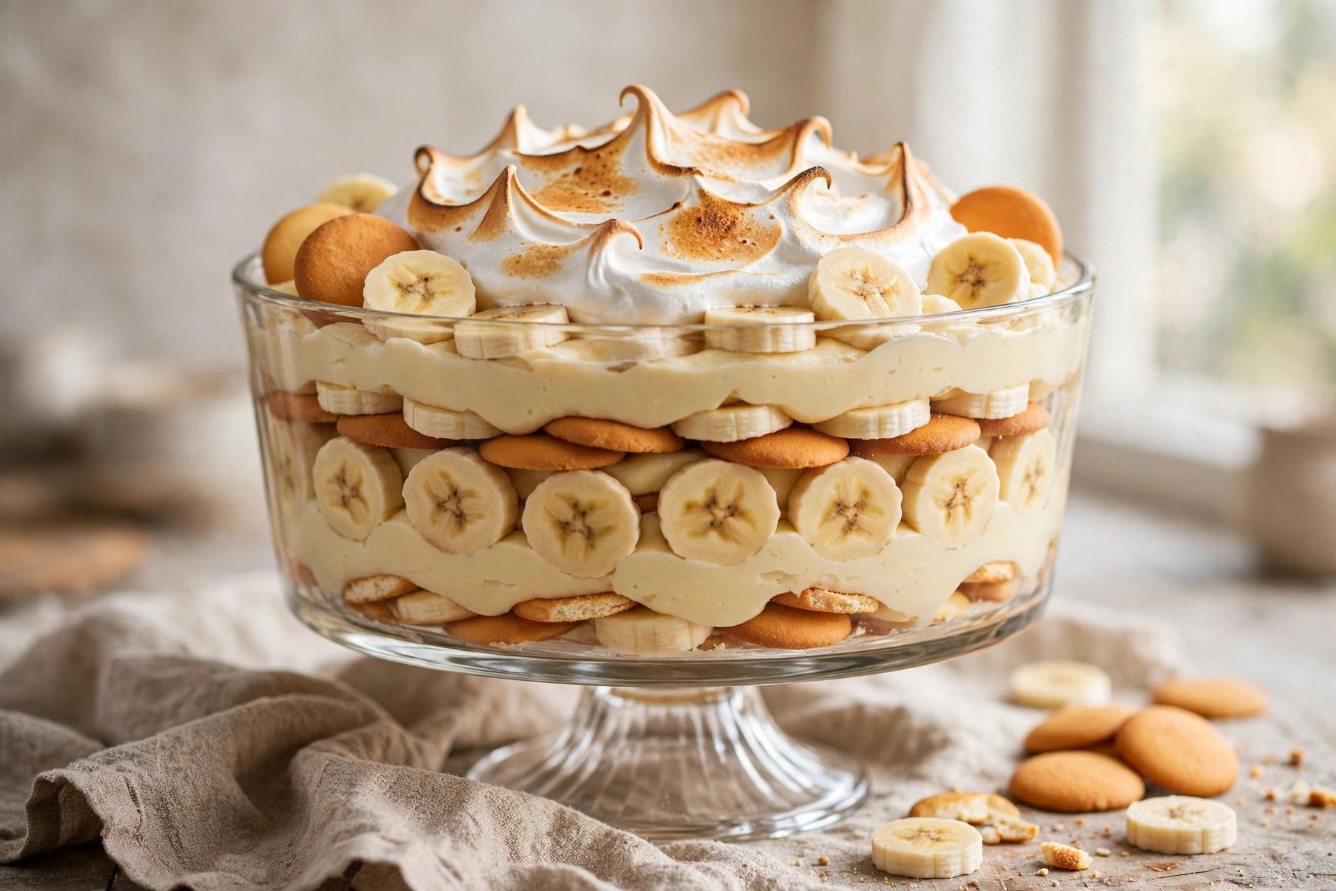 A trifle dish of banana pudding layered with bananas and vanilla wafers, crowned with golden toasted meringue