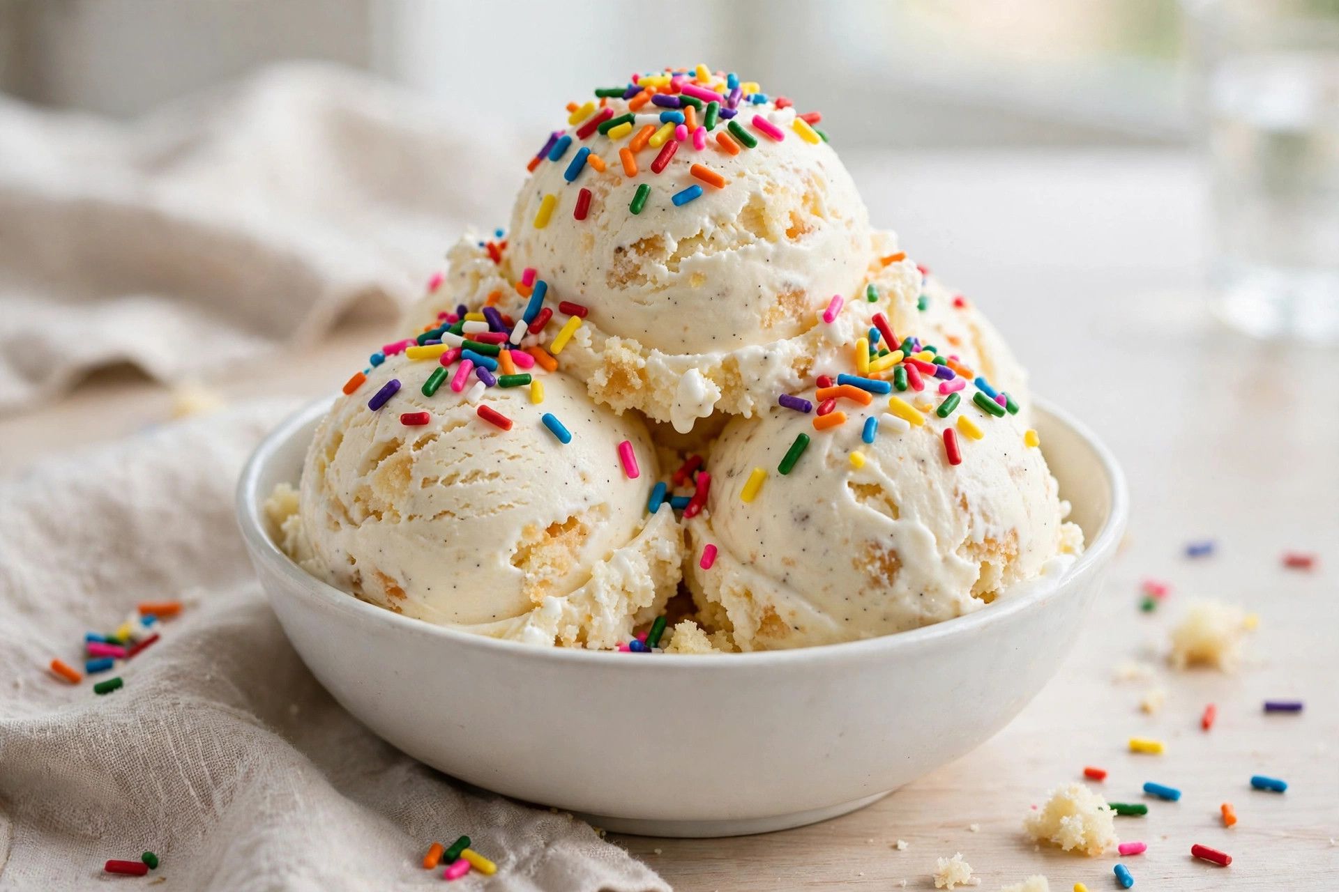 A bowl of thick vanilla birthday cake protein ice cream scoops covered in colorful rainbow sprinkles, on a light kitchen table