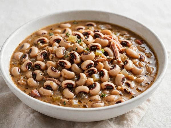 Creamy Southern black eyed peas in a white bowl with rich savory pot liquor