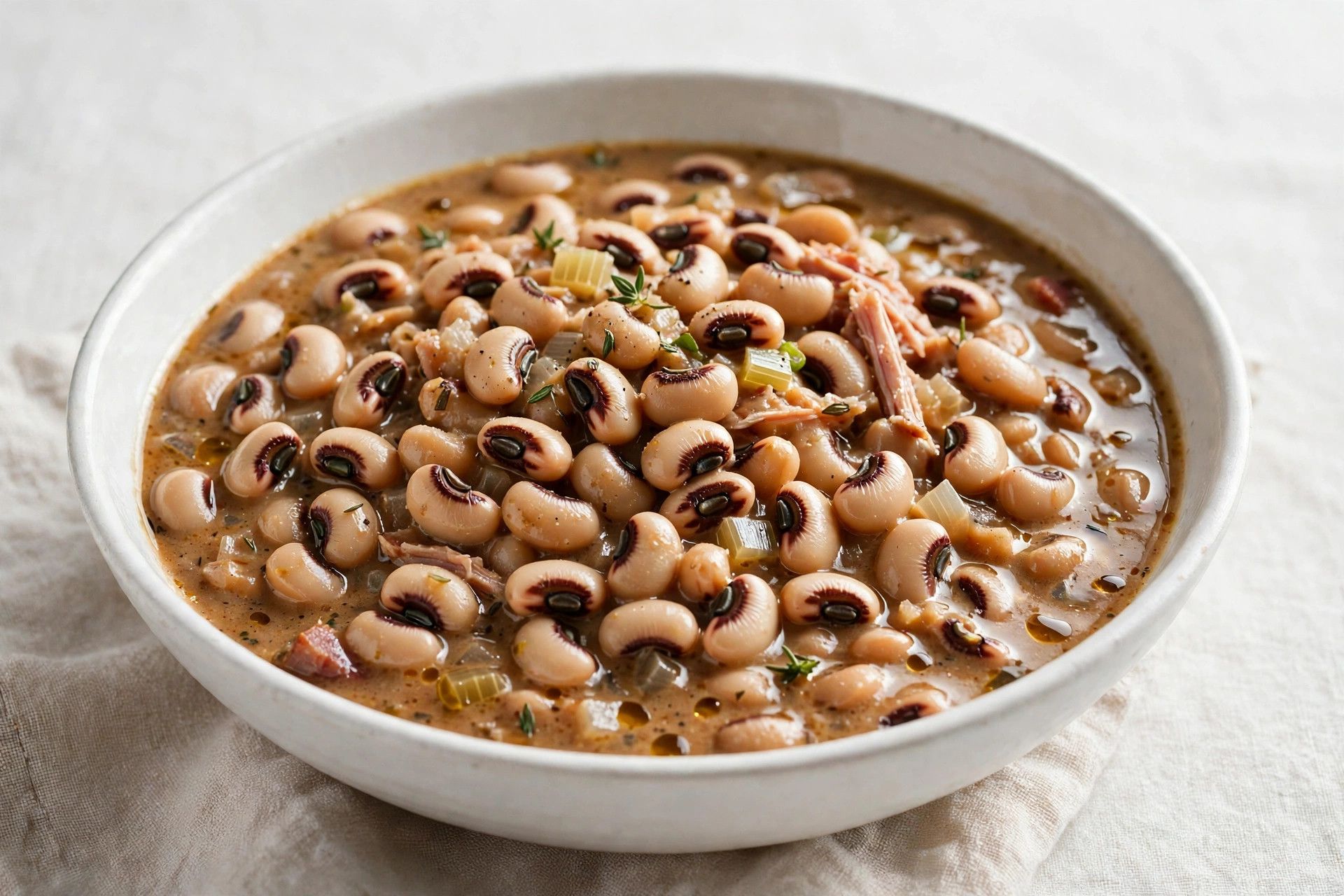 Creamy Southern black eyed peas in a white bowl with rich savory pot liquor