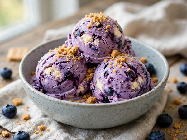 A bowl of purple blueberry cheesecake protein ice cream scoops with graham cracker crumbs, on a light kitchen table