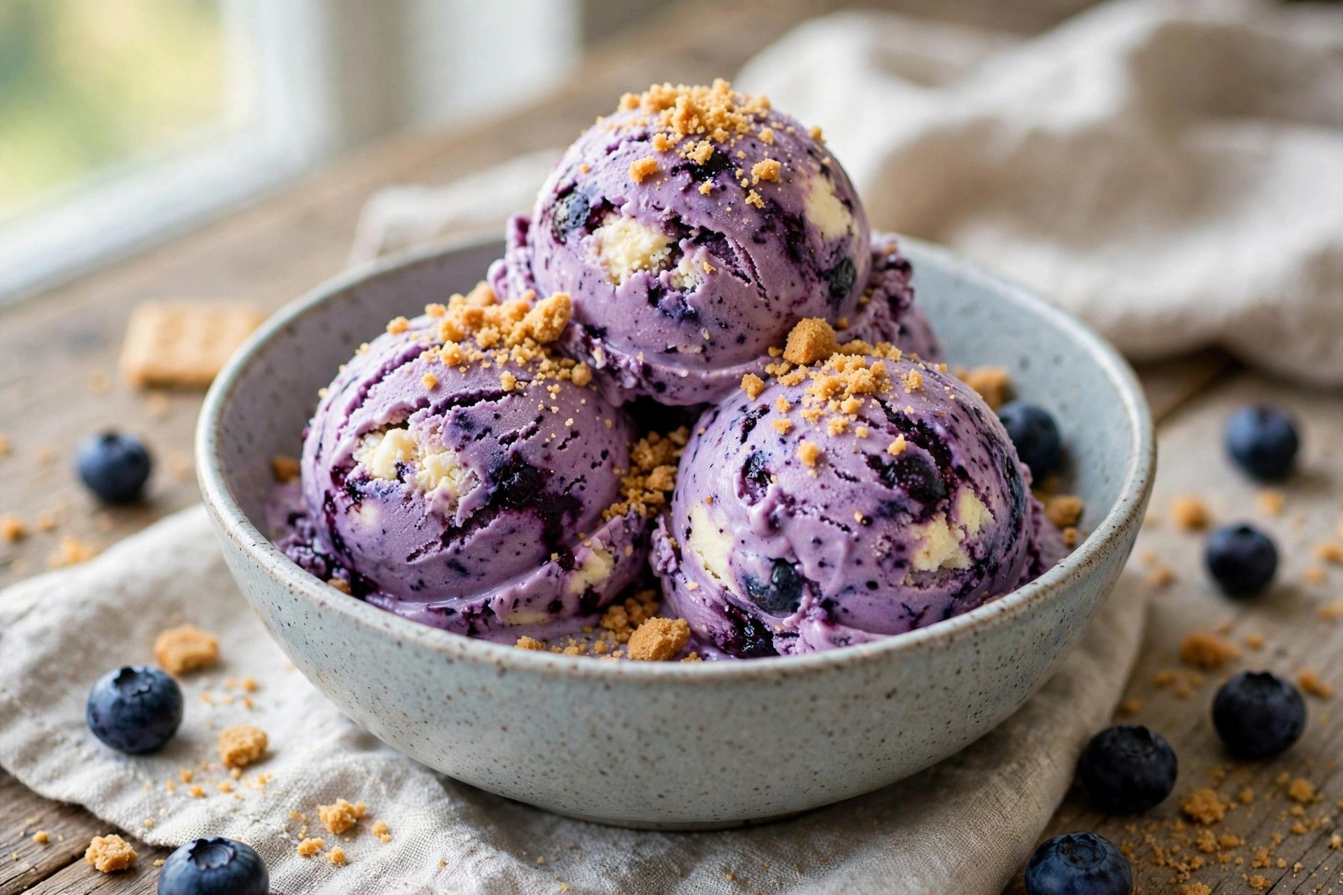 A bowl of purple blueberry cheesecake protein ice cream scoops with graham cracker crumbs, on a light kitchen table