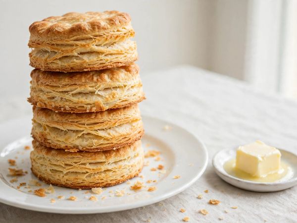 A stack of tall golden flaky buttermilk biscuits on a white plate with a small dish of butter, on a light table