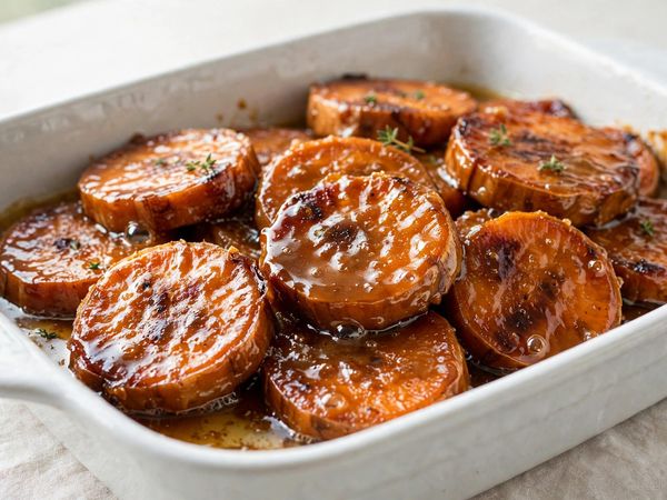 Caramelized candied yams in glossy brown sugar glaze in a white baking dish