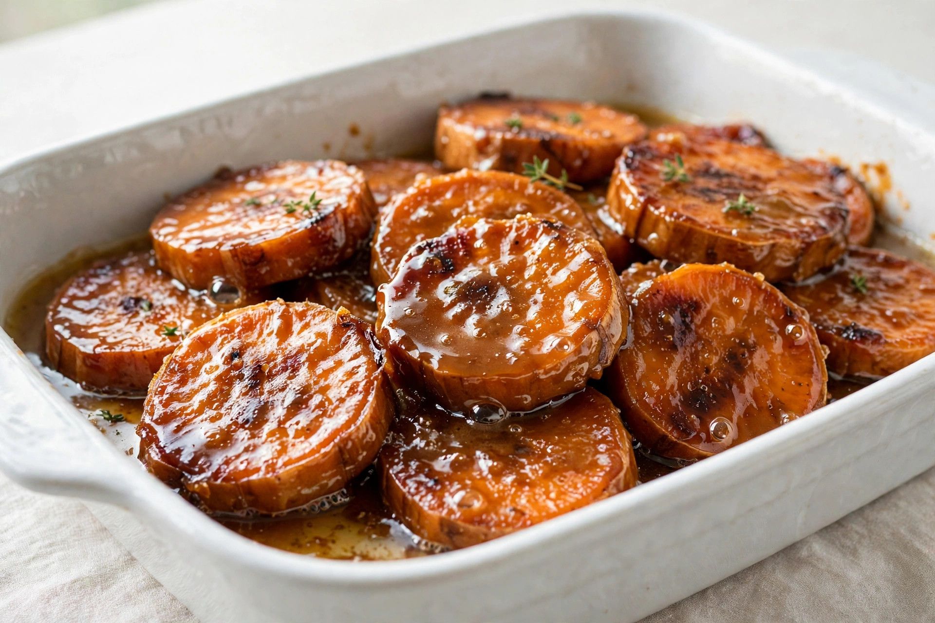 Caramelized candied yams in glossy brown sugar glaze in a white baking dish
