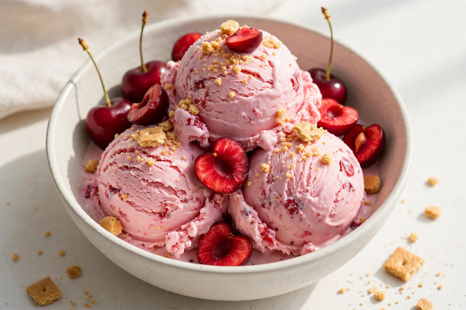 A bowl of thick pink cherry cheesecake protein ice cream scoops with fresh cherries and graham cracker crumbles, on a light kitchen table
