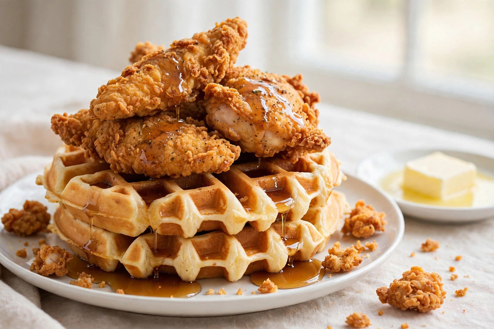 Crispy fried chicken stacked on fluffy golden waffles with warm maple syrup and melting butter