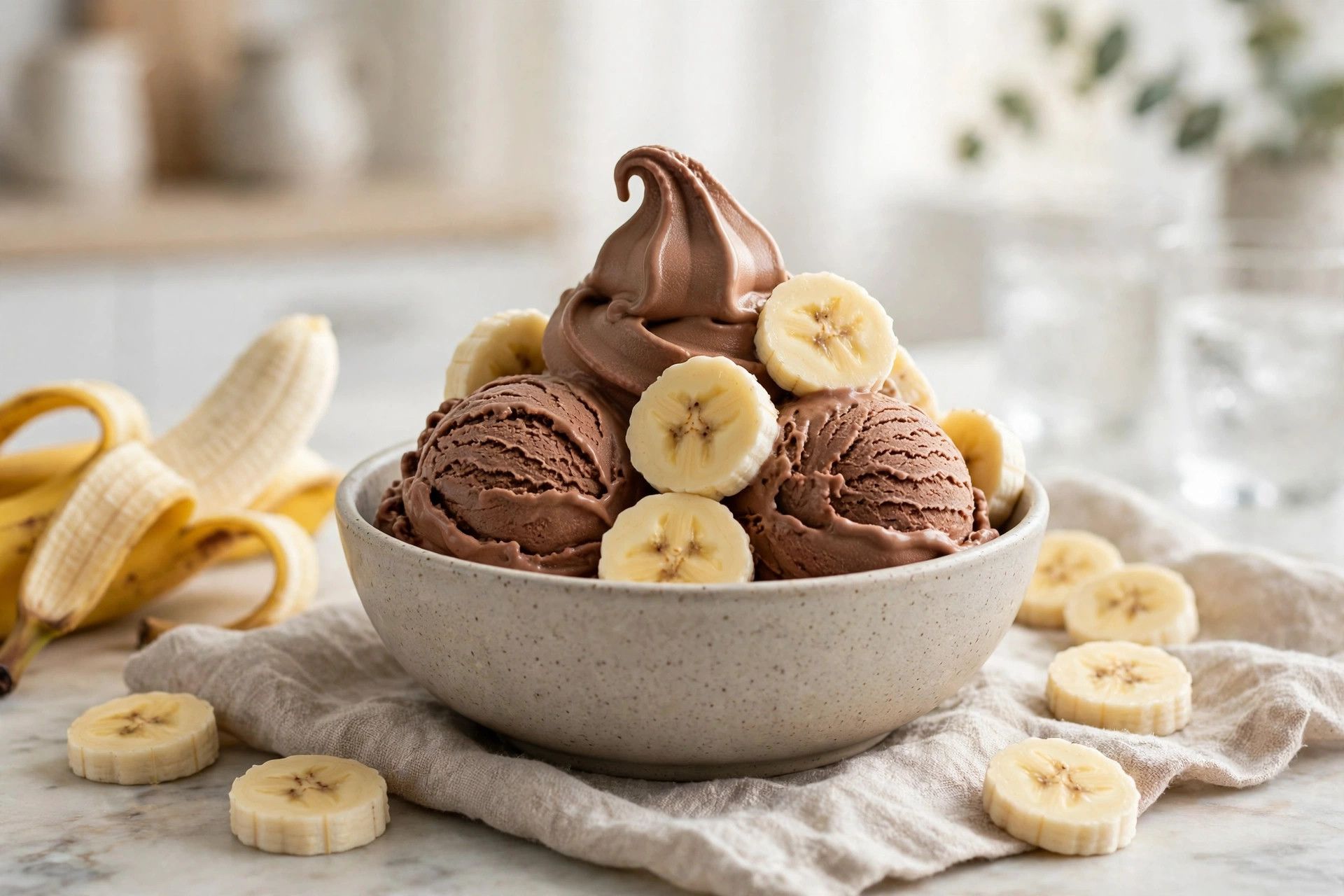 A bowl of thick chocolate banana ice cream scoops with banana slices, on a light kitchen table