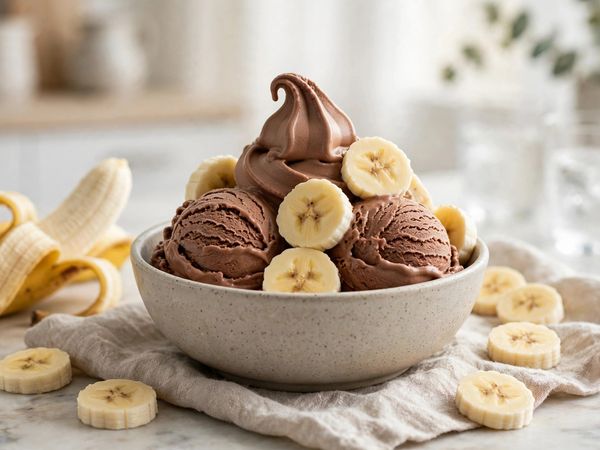 A bowl of thick chocolate banana ice cream scoops with banana slices, on a light kitchen table