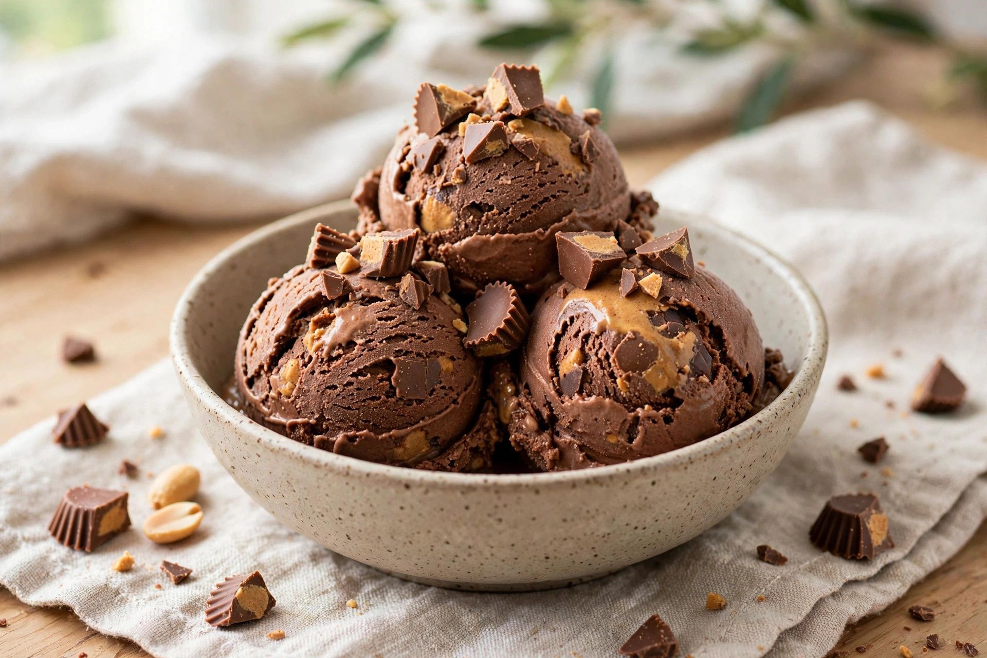 A bowl of chocolate peanut butter cup protein ice cream scoops topped with chopped peanut butter cups, on a light kitchen table