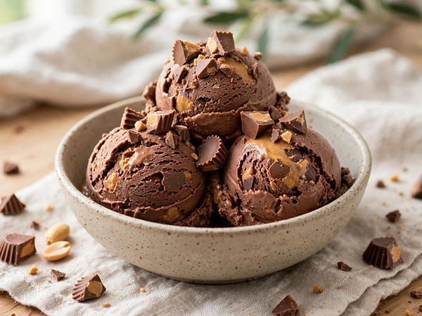 A bowl of chocolate peanut butter cup protein ice cream scoops topped with chopped peanut butter cups, on a light kitchen table