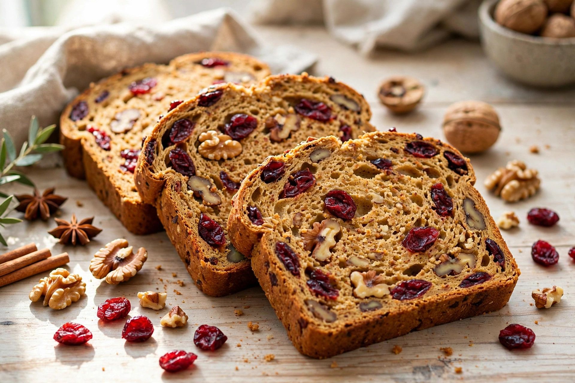 Thick slices of spiced holiday breakfast bread studded with cranberries and walnuts, on a light wooden table