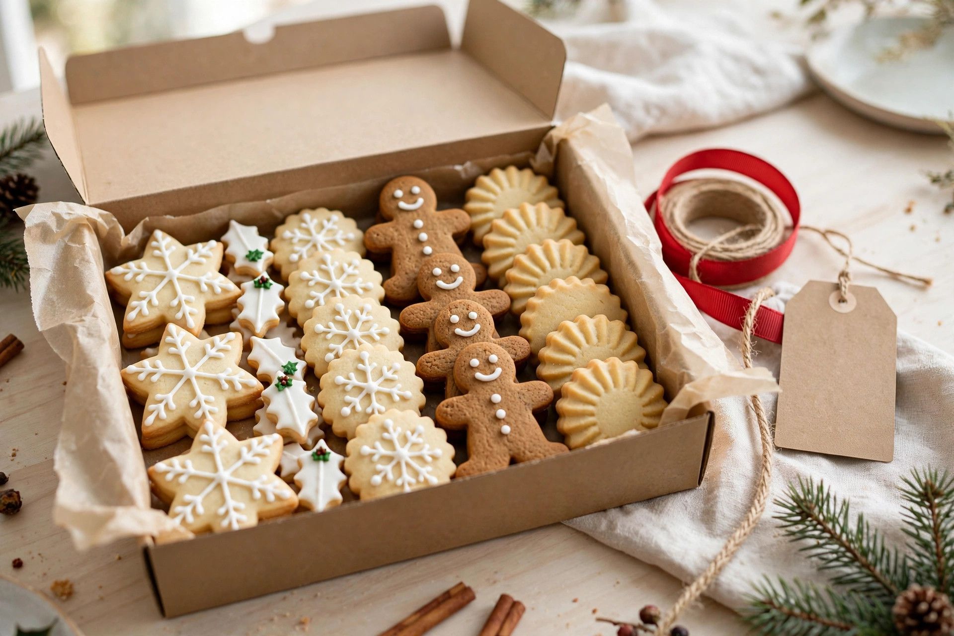 An open Christmas cookie gift box filled with arranged cookies, lined with parchment, with ribbon and a gift tag beside it