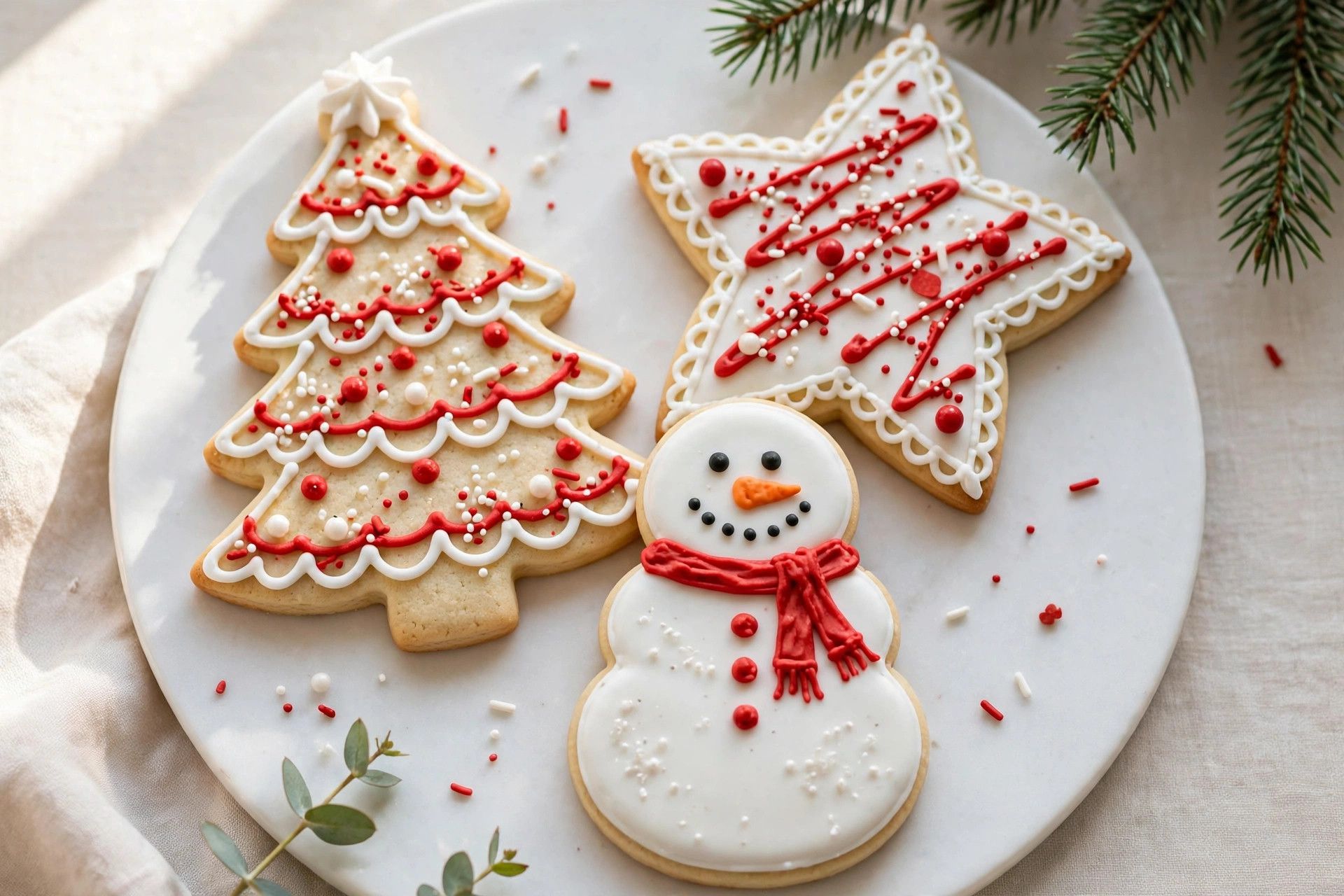 Decorated Christmas sugar cookies in tree, star and snowman shapes with royal icing, on a white platter