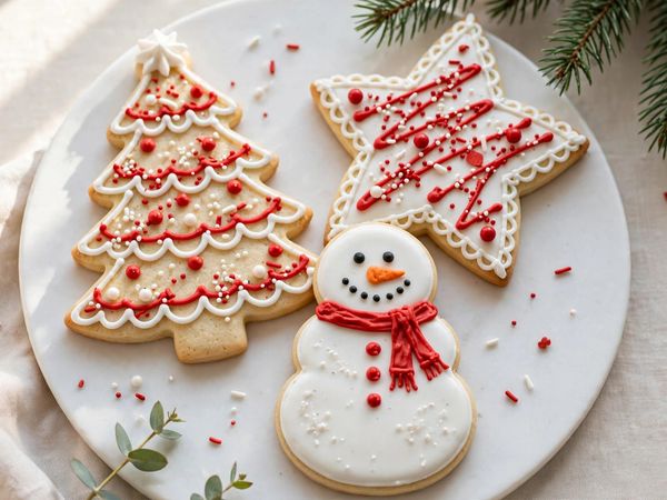 Decorated Christmas sugar cookies in tree, star and snowman shapes with royal icing, on a white platter