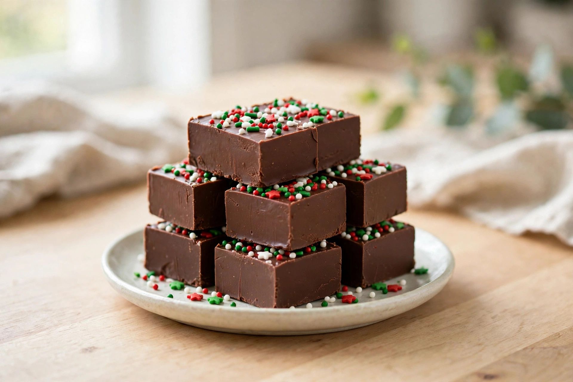 Squares of smooth christmas fudge topped with red, green and white holiday sprinkles on a light plate