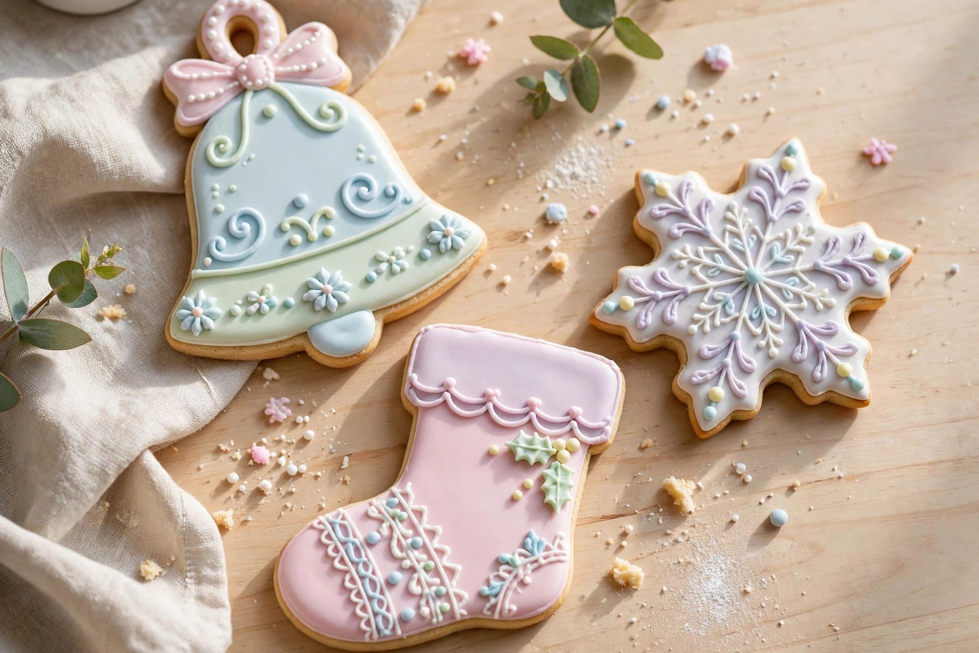 Decorated christmas sugar cookies in bell, stocking and snowflake shapes with pastel royal icing