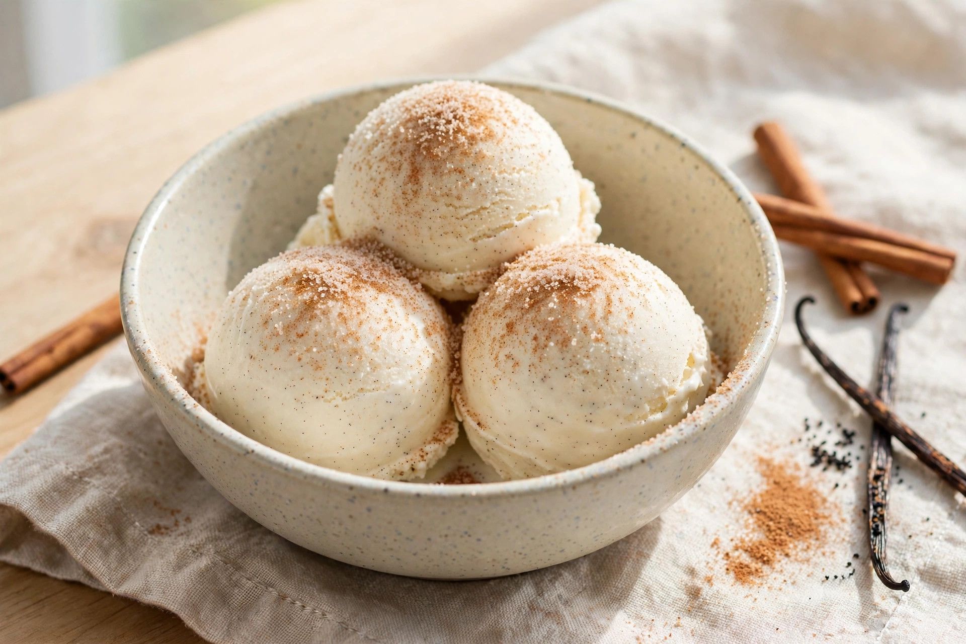 A bowl of cinnamon vanilla churro protein ice cream scoops dusted with cinnamon sugar, on a light kitchen table