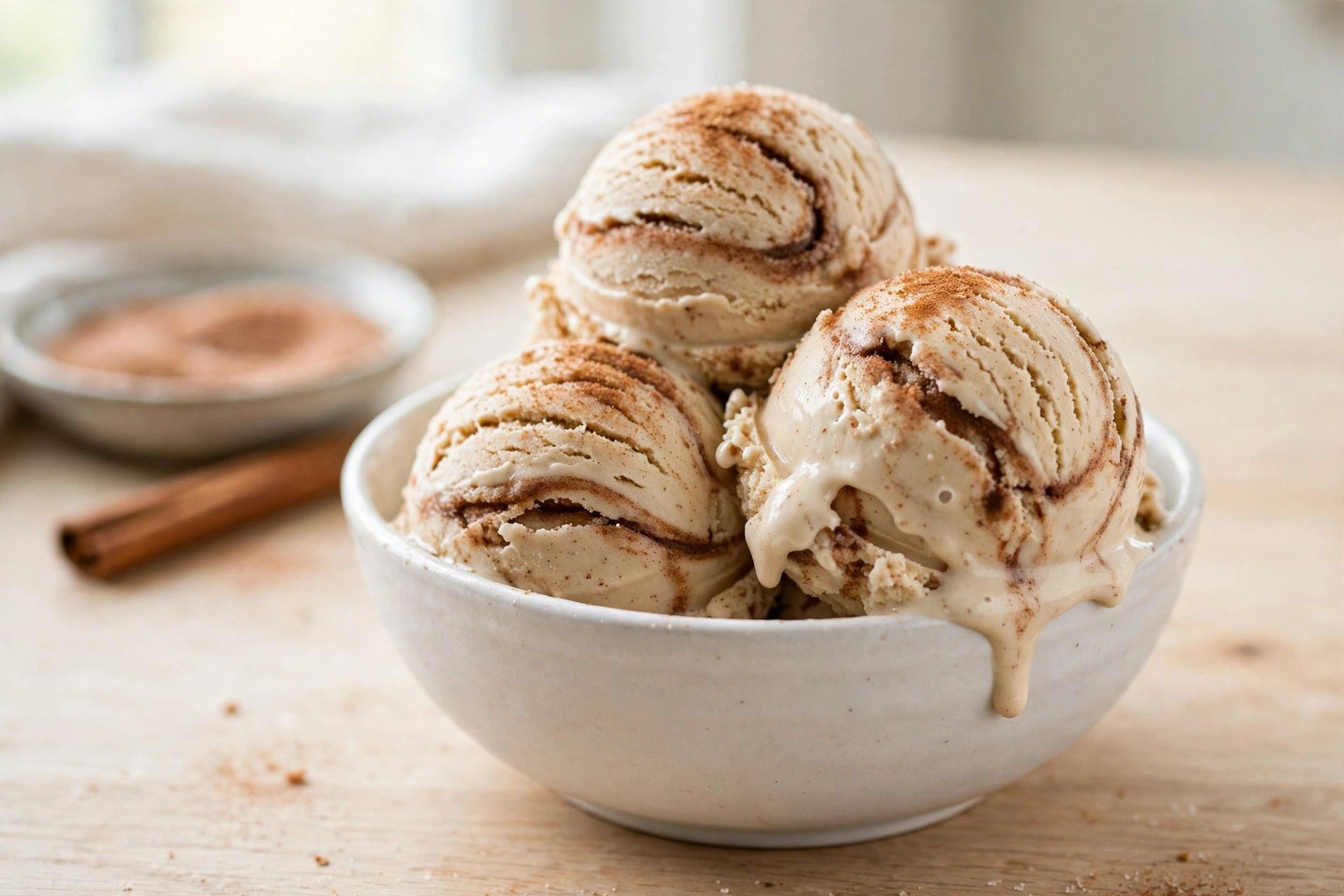 A bowl of thick cinnamon swirl protein ice cream scoops with a cinnamon sugar ribbon, dusted cinnamon on top, on a light kitchen table