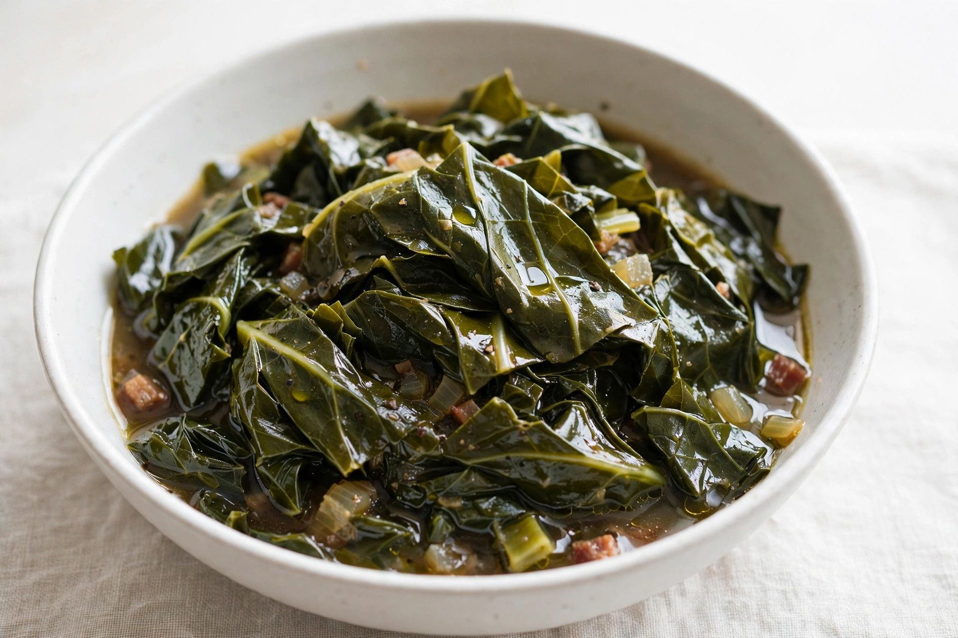 A bowl of tender southern collard greens, silky dark green leaves glistening in savory broth, on a light table