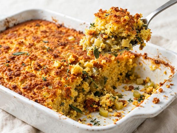 Golden baked Southern cornbread dressing in a white baking dish with a crisp top