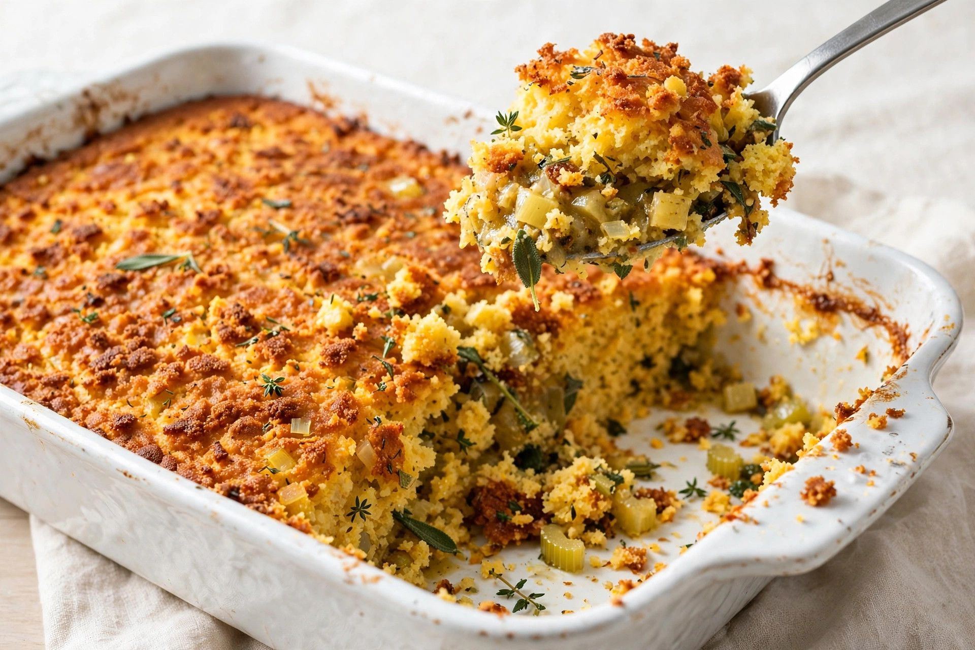 Golden baked Southern cornbread dressing in a white baking dish with a crisp top