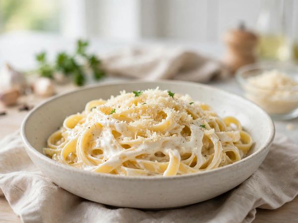 A bowl of fettuccine coated in creamy white cottage cheese alfredo sauce, with Parmesan and black pepper on top