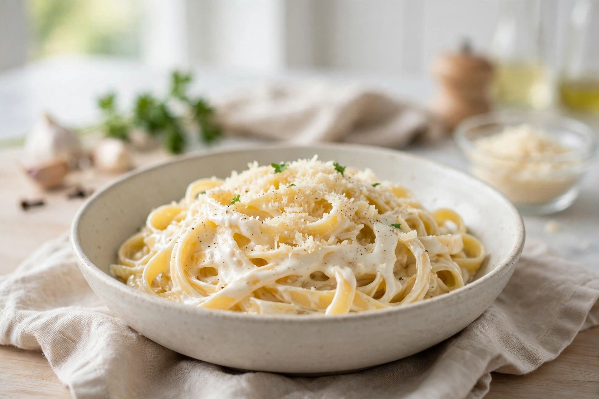 A bowl of fettuccine coated in creamy white cottage cheese alfredo sauce, with Parmesan and black pepper on top