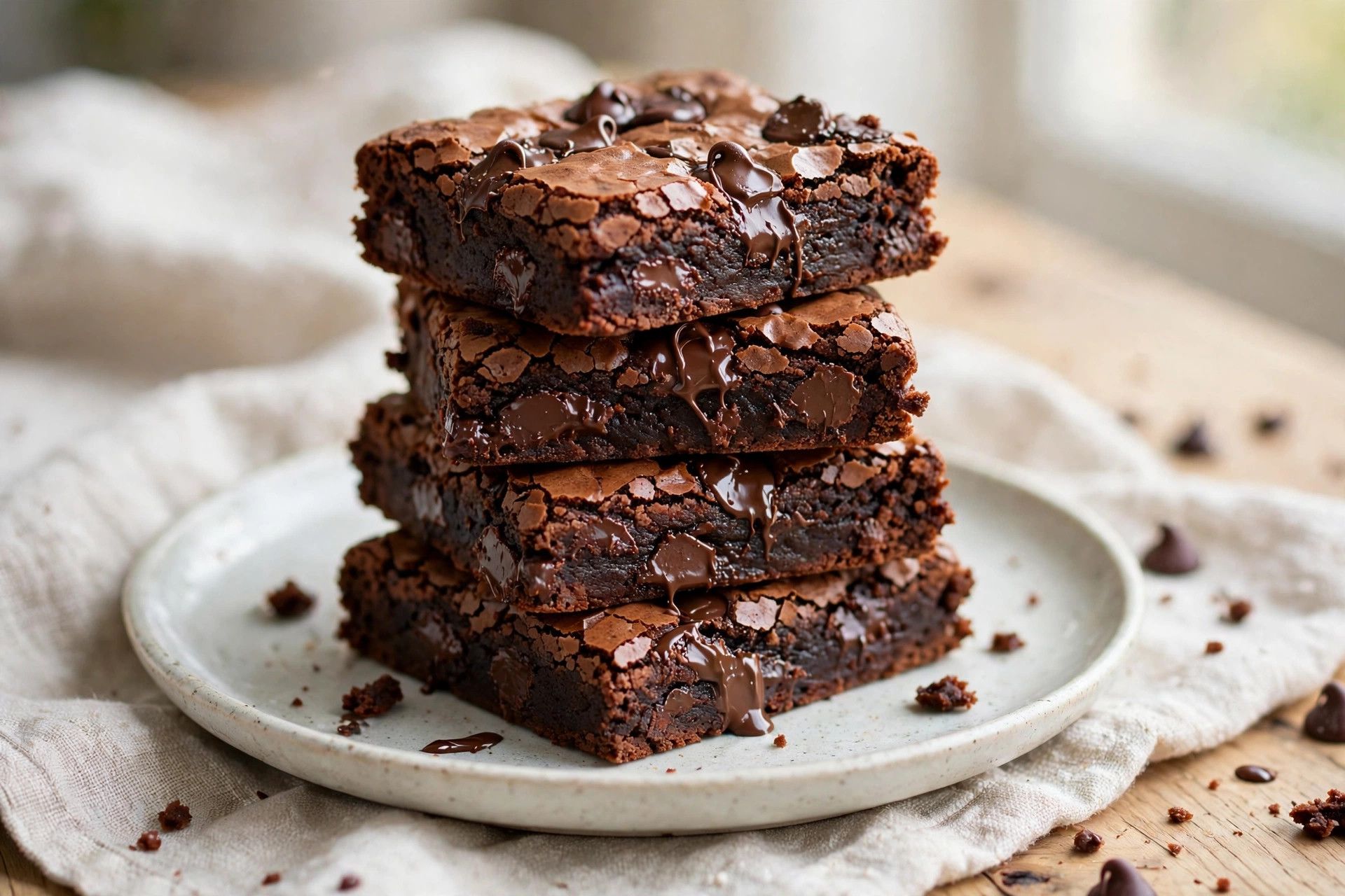 A stack of fudgy cottage cheese brownies with a crackly top and melted dark chocolate chips on a light ceramic plate
