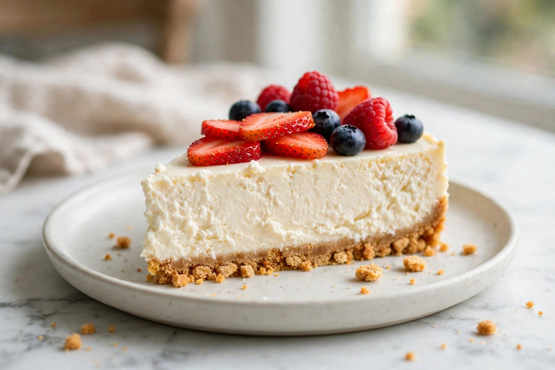 A slice of creamy no bake cottage cheese cheesecake with graham cracker crust and fresh berries on a light plate