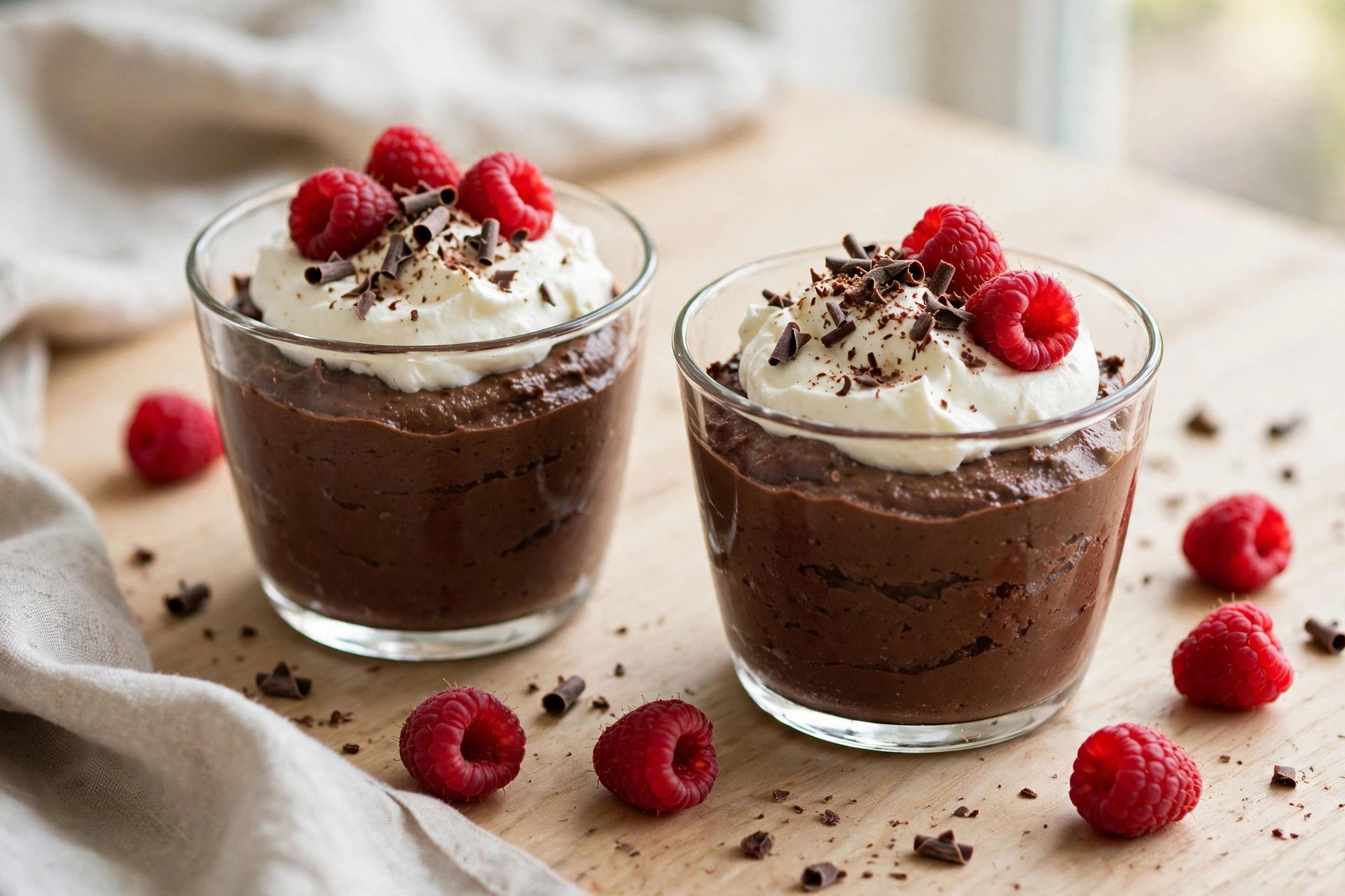 Two glasses of rich dark chocolate mousse topped with whipped cream, chocolate shavings and fresh raspberries