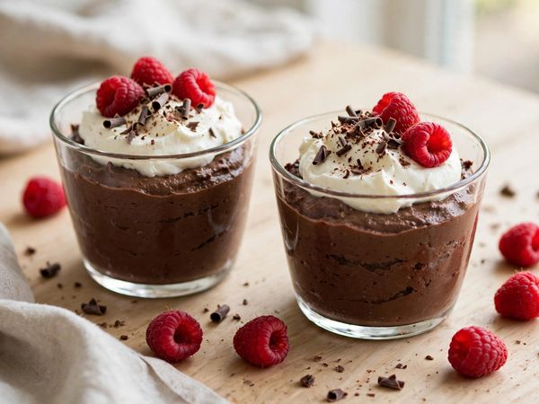 Two glasses of rich dark chocolate mousse topped with whipped cream, chocolate shavings and fresh raspberries