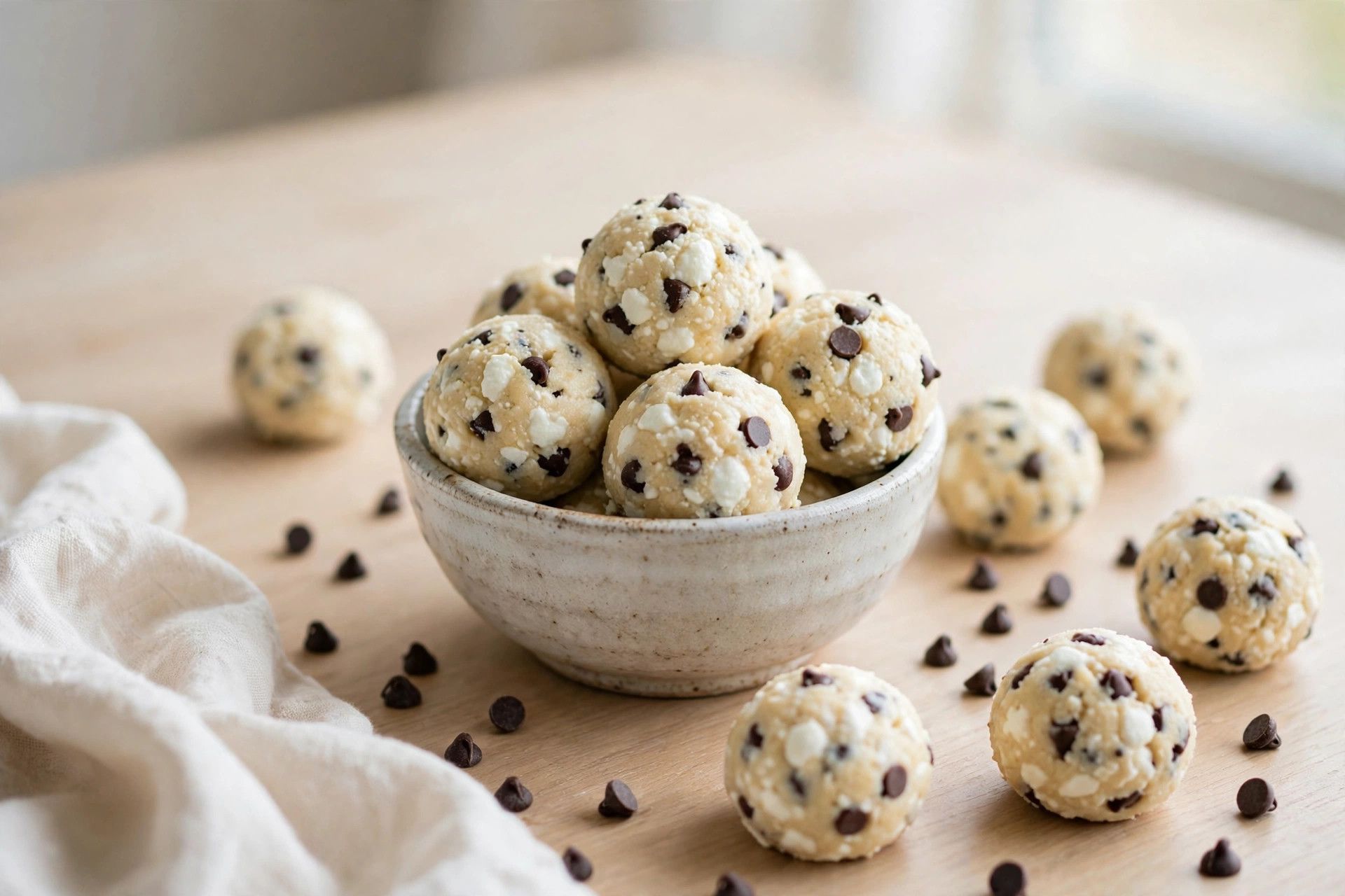 A bowl of cottage cheese cookie dough balls with mini chocolate chips on a light kitchen table