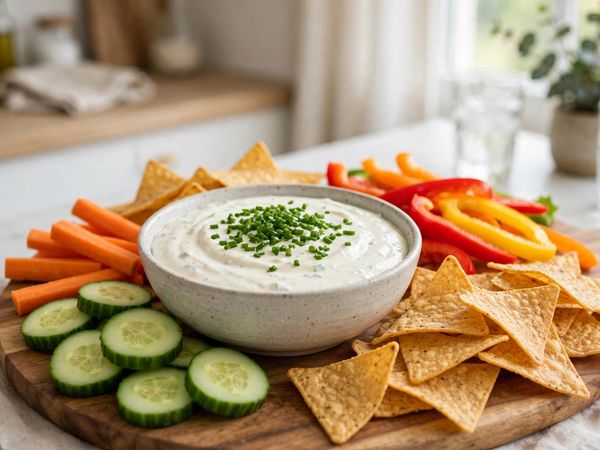 A bowl of smooth ranch cottage cheese dip topped with chopped chives, surrounded by vegetable sticks and chips