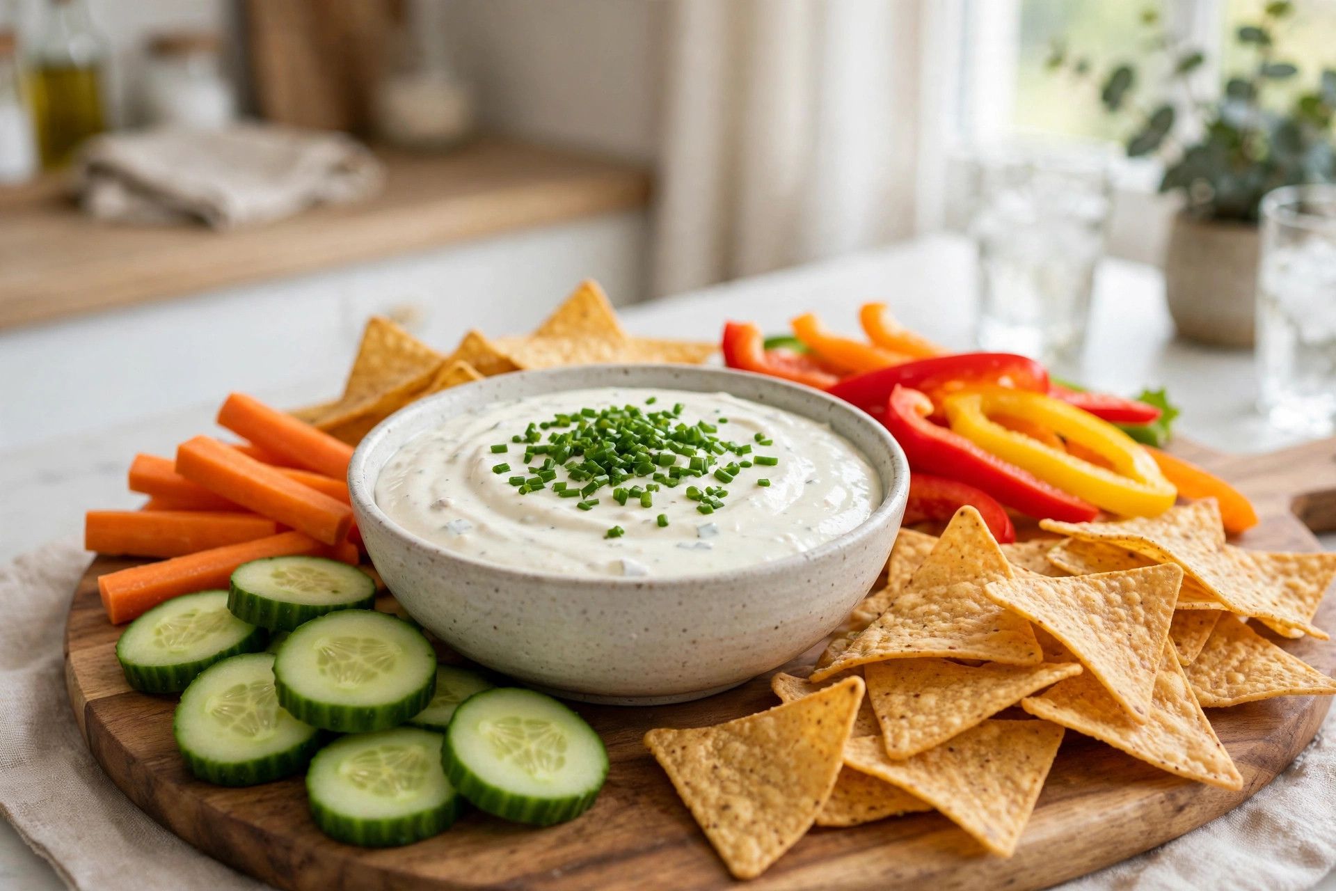 A bowl of smooth ranch cottage cheese dip topped with chopped chives, surrounded by vegetable sticks and chips
