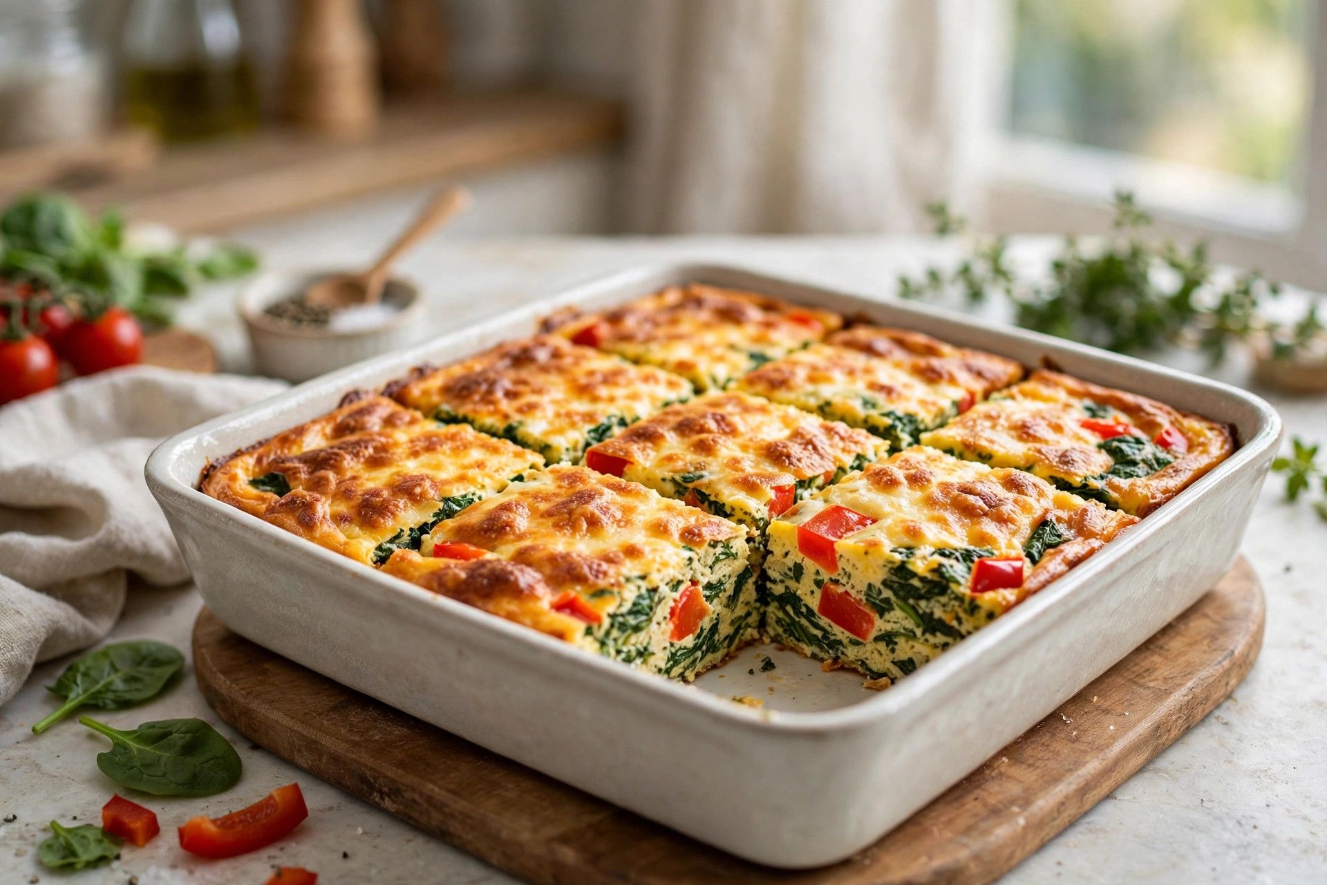 A golden cottage cheese egg bake in a square baking dish, sliced into squares with spinach and red pepper visible