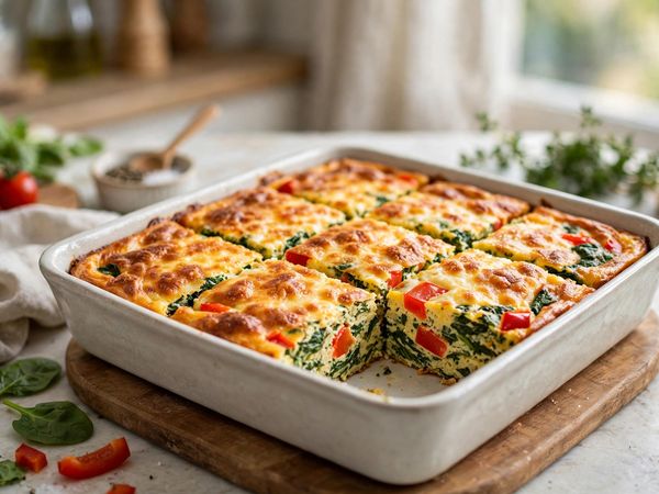 A golden cottage cheese egg bake in a square baking dish, sliced into squares with spinach and red pepper visible