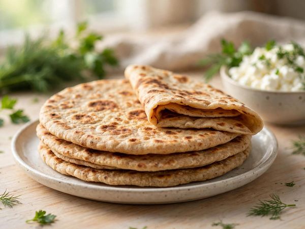 A stack of homemade cottage cheese flatbreads with golden brown spots, one folded, served on a plate in bright natural light