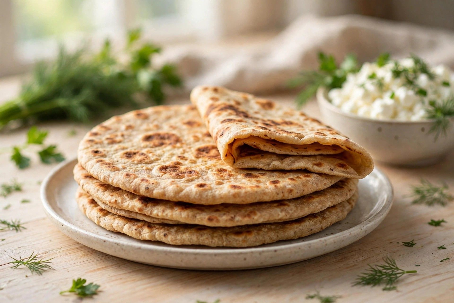 A stack of homemade cottage cheese flatbreads with golden brown spots, one folded, served on a plate in bright natural light