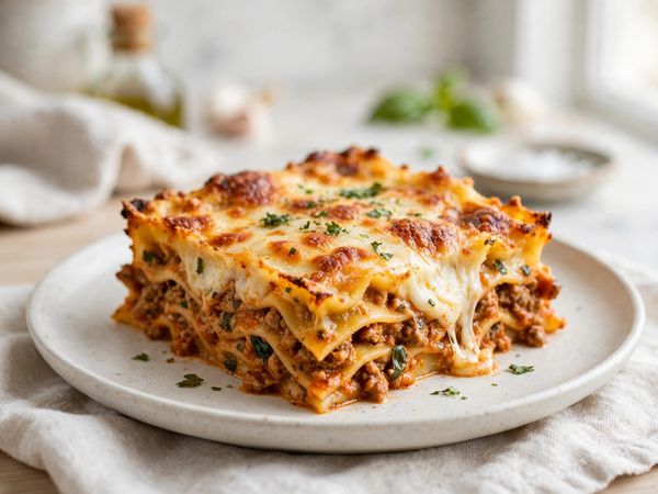 A square serving of cottage cheese lasagna with bubbly mozzarella and visible layers, on a plate