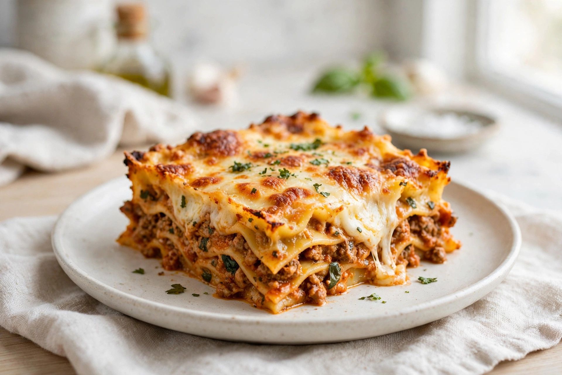 A square serving of cottage cheese lasagna with bubbly mozzarella and visible layers, on a plate