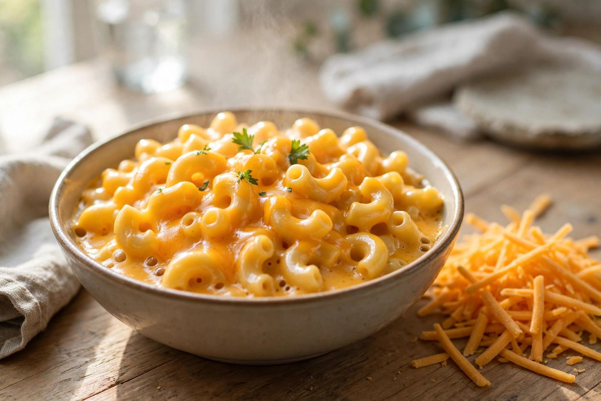 A warm bowl of mac and cheese with glossy cottage cheese cheddar sauce, with shredded cheddar beside it