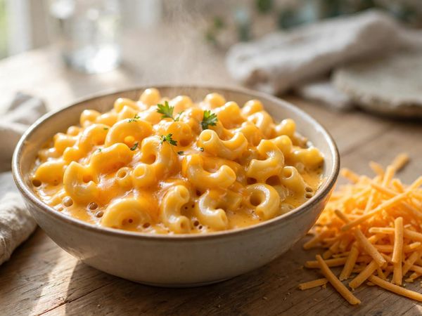 A warm bowl of mac and cheese with glossy cottage cheese cheddar sauce, with shredded cheddar beside it