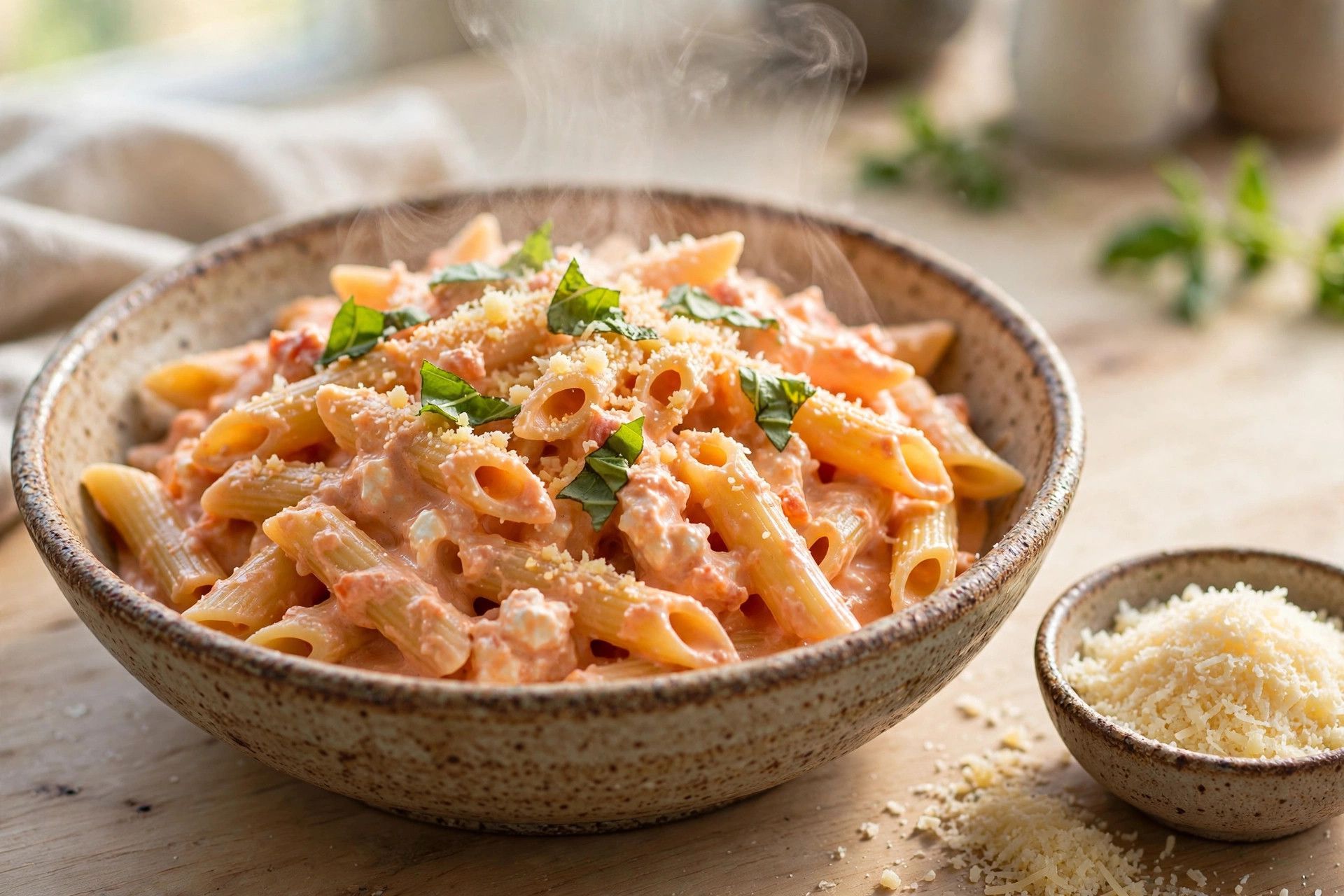 A bowl of penne pasta coated in creamy blended cottage cheese tomato sauce, topped with torn basil and grated Parmesan