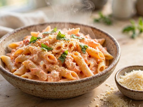 A bowl of penne pasta coated in creamy blended cottage cheese tomato sauce, topped with torn basil and grated Parmesan