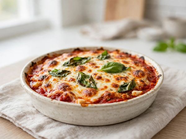 A hot bubbly cottage cheese pizza bowl with melted mozzarella, pepperoni and basil, in an oven safe bowl