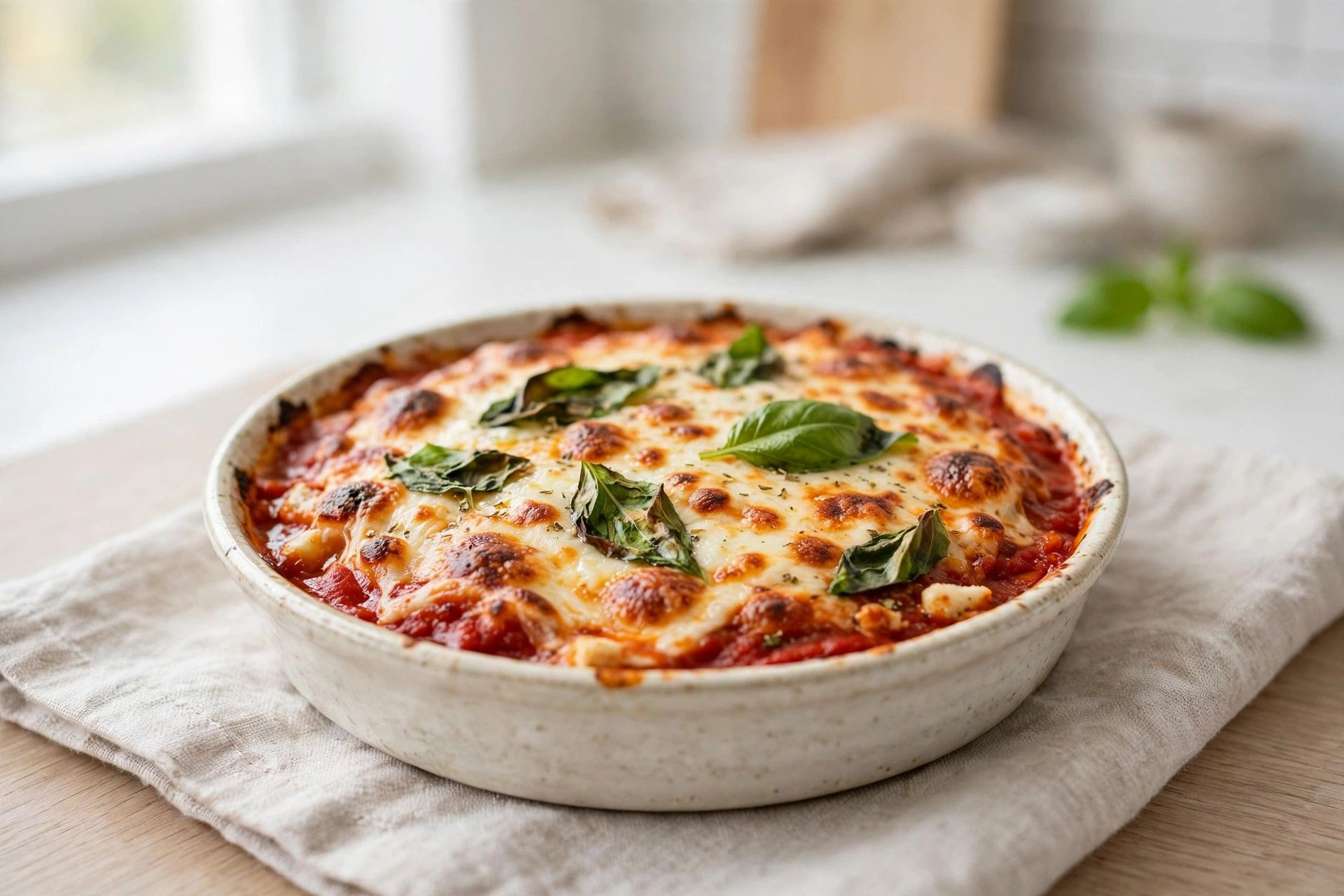 A hot bubbly cottage cheese pizza bowl with melted mozzarella, pepperoni and basil, in an oven safe bowl